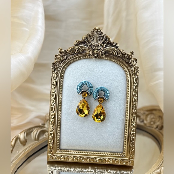 Bold Crystal Drop Earrings – Yellow Teardrop & Turquoise Studs - Picture 7 of 9